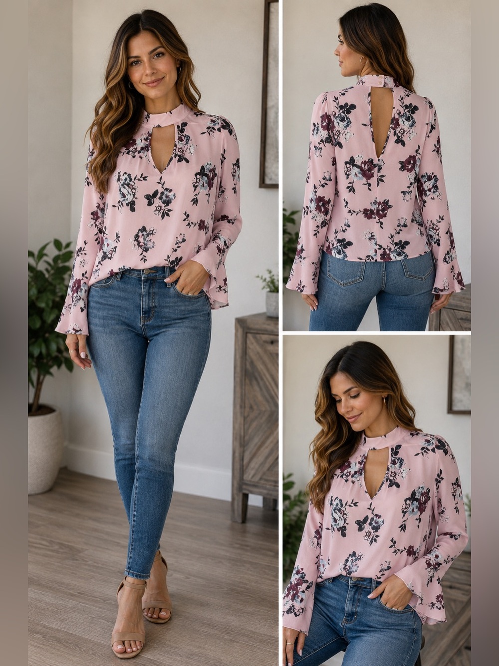 Living Doll Blouse with Keyhole Front Sz Medium Pink Floral Top Bell Sleeve NWT‎
